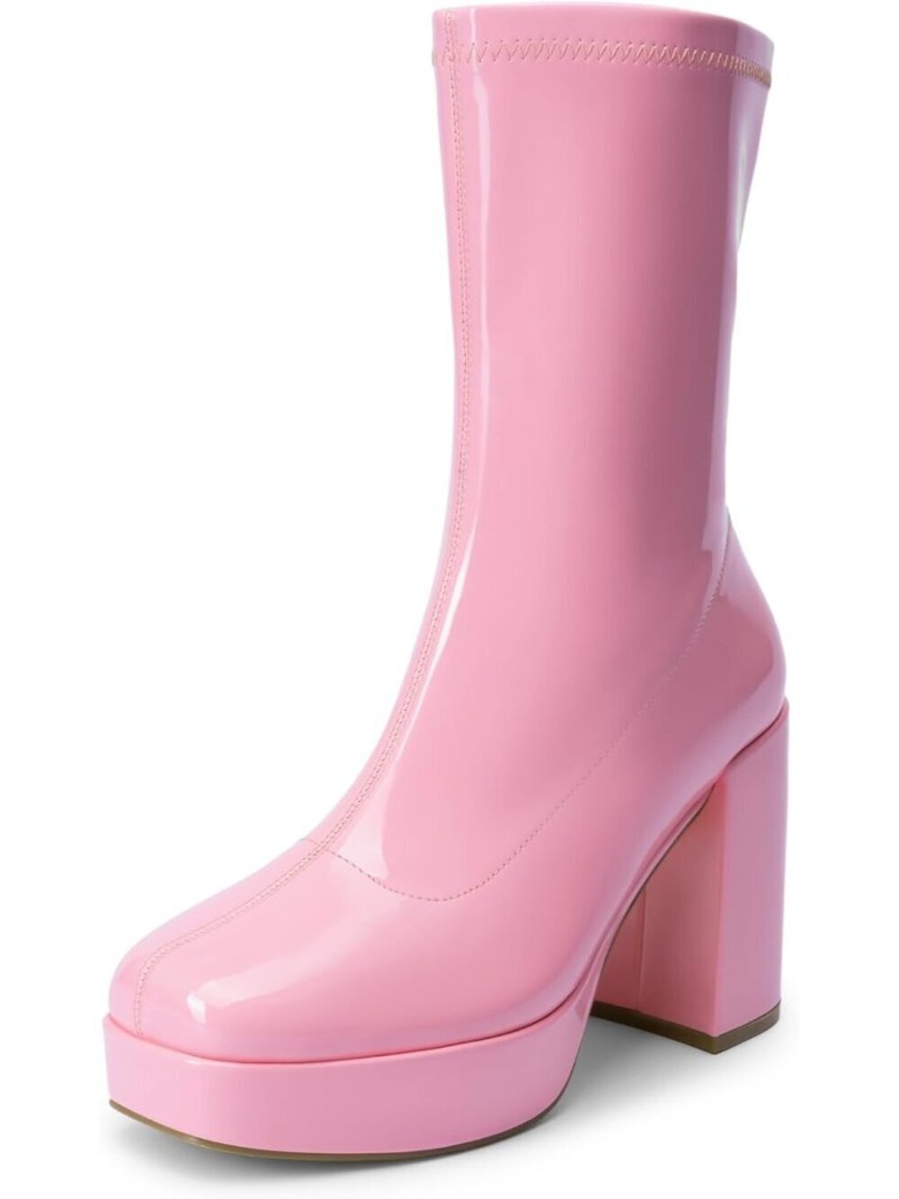 Women's Pink Mid Calf Platform High Chunky Block Heel Square Toe Ankle Boot